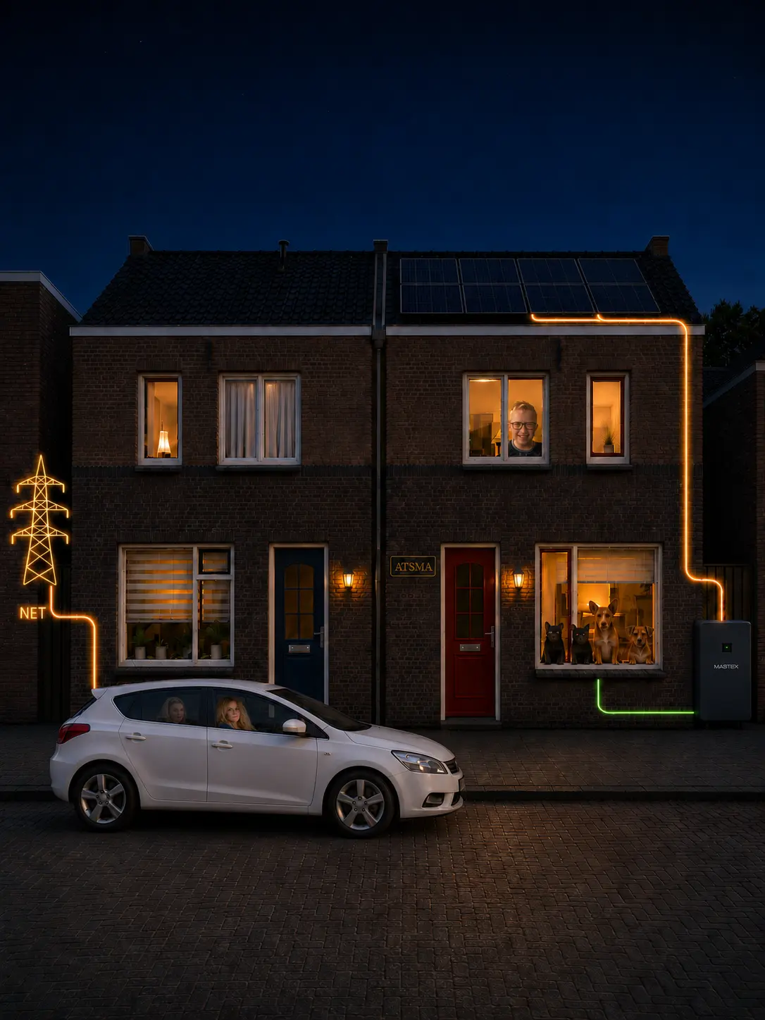 Jullie woning met Jens, huisdieren, zonnepanelen, Marstek-thuisaccu en energiestromen
